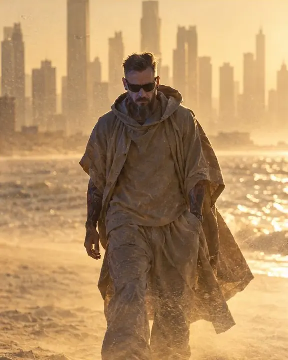 A man walking into the wind on a beach in a hooded cape, a hazy city skyline behind him