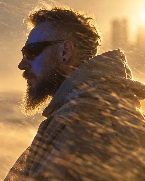 Profile of a bearded man with golden backlit sand streaming past his face in the wind