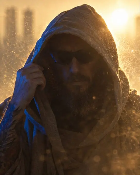 A man with a sand-colored hood up, only black mask sunglasses and a blue edge of light visible