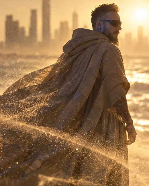 Detail of glowing sand grains caught on the fabric of a sand-colored cape in low backlight