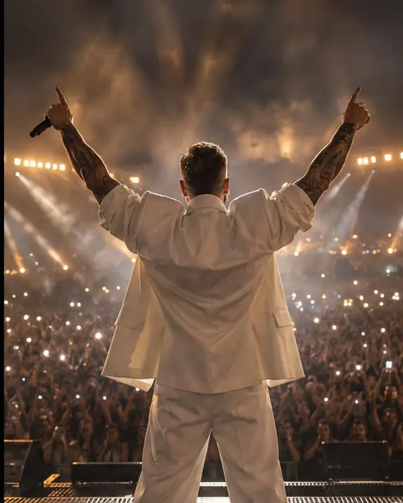 A man in a white stage suit seen from behind facing the crowd, light beams cutting through haze toward the audience