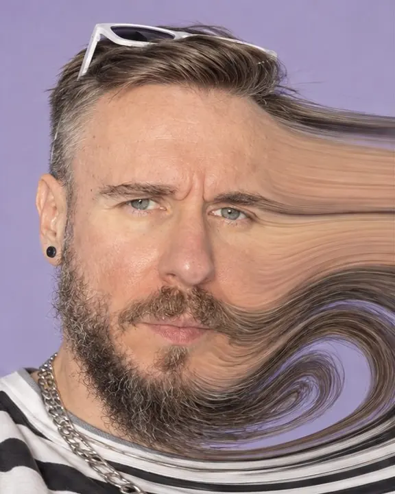 Close portrait of a bearded man, the face mostly intact, the jaw and chin curving into a liquid swirl