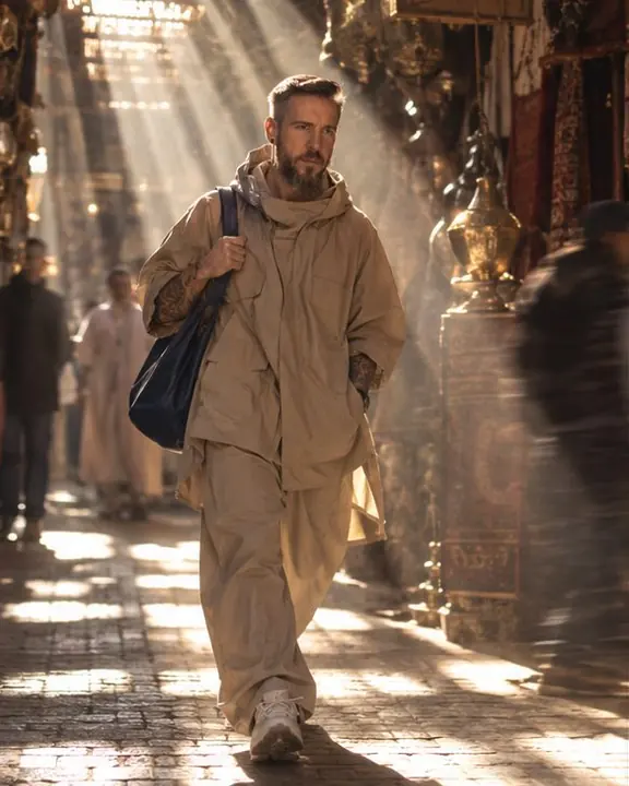 A bearded man in a sand-colored parka walks through three diagonal sunbeams in a souk, light striping his body