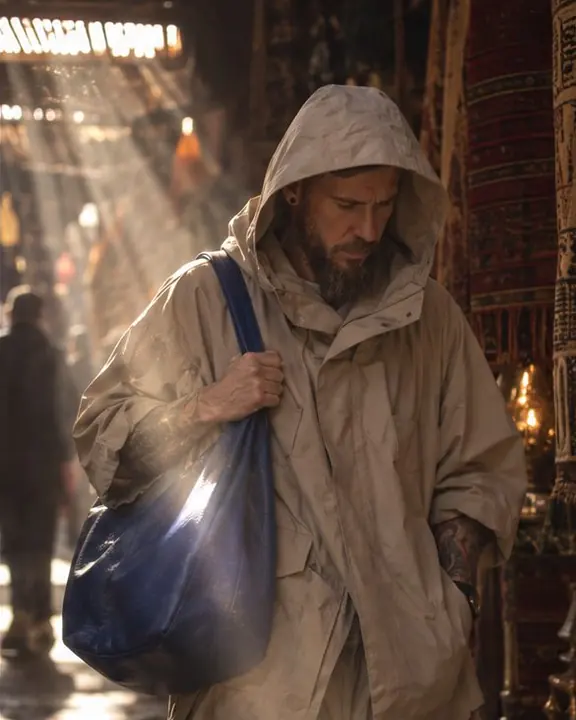 A man with his parka hood up as a sunbeam hits a cobalt leather bag in a covered terracotta souk