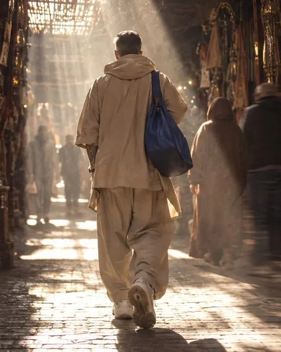 Seen from behind, a man walks into dust-filled shafts of light under a slatted market roof
