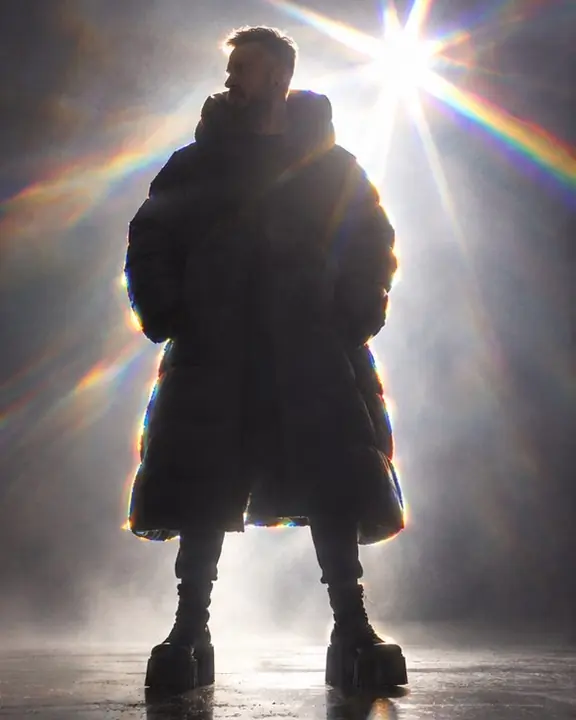 Full-length bearded man in a black cocoon puffer, his silhouette outlined in rainbow, a spectral star above his shoulder