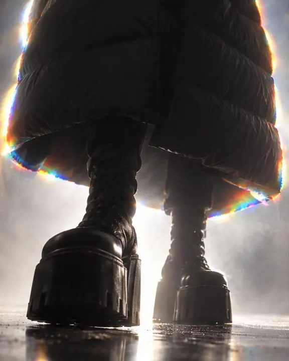Low angle on a man's black platform boots and puffer coat against bright backlight, rainbow fringes on the hem