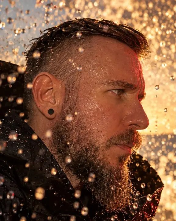 Close-up of a bearded man with sea droplets on his face, red flash light on one cheek at sunrise