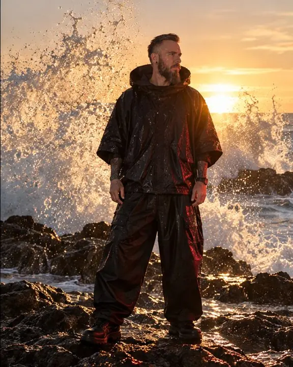 Full-length man in black on dark sea rocks, the sun rising behind a burst of glowing spray