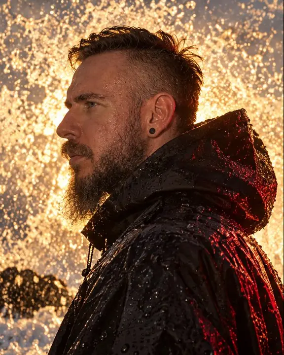 Profile of a bearded man with a halo of backlit sea spray frozen in the air around his head