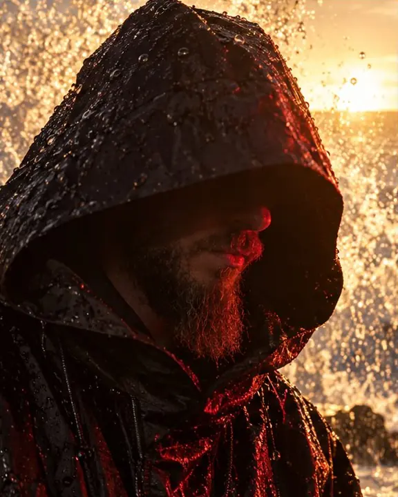 A man with an enormous black hood up, only his beard and a red edge visible, spray glowing behind