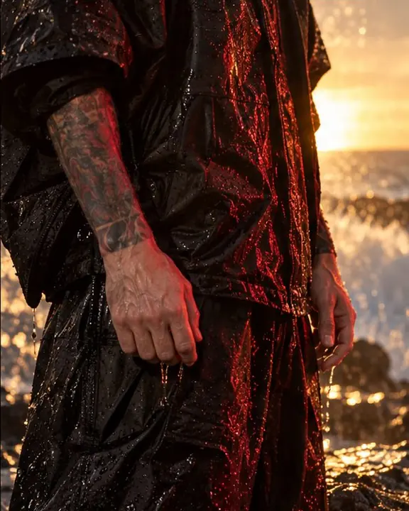 Detail of water beading on a glossy black windbreaker lit by a red flash at dawn on the rocks