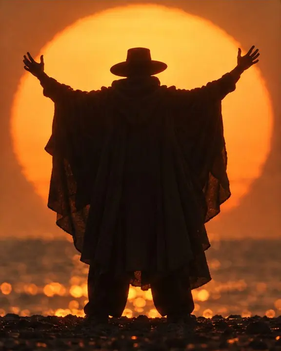 A man with arms raised, his black silhouette framing an enormous orange sun on the horizon