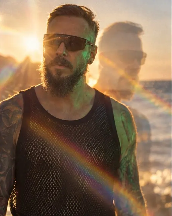Half-length bearded man on a beach with the sun behind his shoulder, a rainbow flare crossing and a prism copy