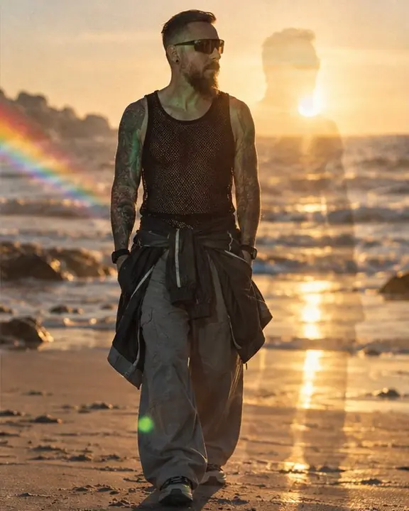 Full-length man in an open-mesh tank on golden sand, his silhouette doubled by a prism, the sea behind