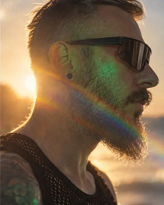 Profile of a bearded man with a rainbow streak across his jaw and emerald green light on his cheek