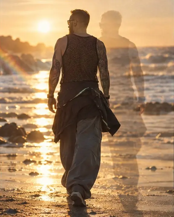 A man walking into the low golden sun on a beach, a fainter prism copy of him lagging behind