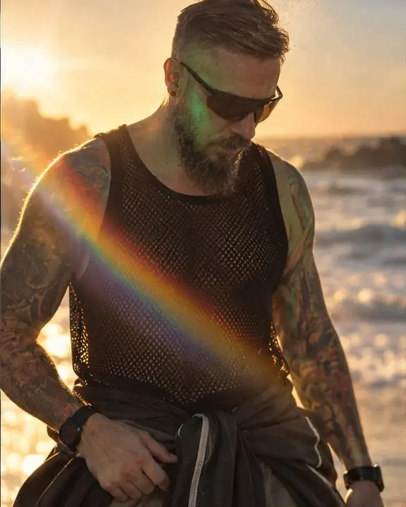 Detail of an open-mesh tank top crossed by a rainbow streak of prism flare in golden light