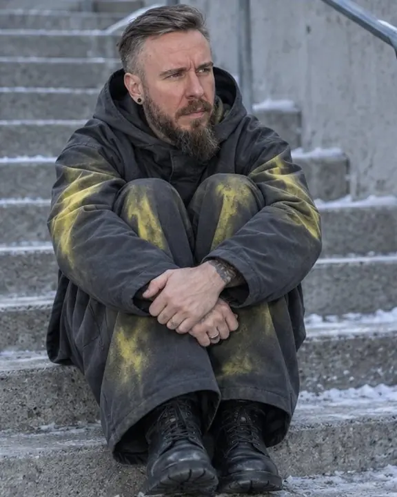 A man sits on cold steps hugging his knees, yellow heat marks where his arms touch the graphite trousers