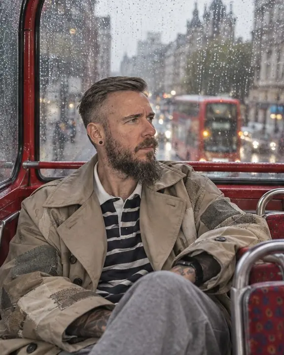 A man seen from the street sitting at the front of a bus top deck, framed by the red window surround