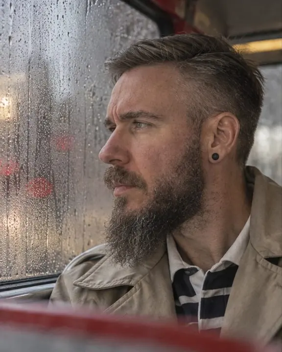 Profile of a bearded man in a patched beige trench beside a bus window covered in condensation