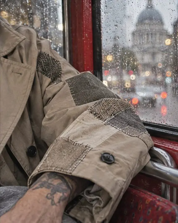 A patched beige trench coat sleeve next to a red bus window frame dotted with raindrops