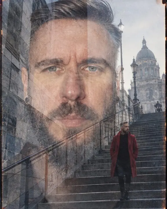 A translucent frontal face crossed by staircase lines, a small man in red standing on the stairs within