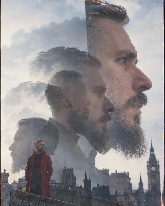 Three profiles of the same bearded man overlapping at different scales in muted blue-gray film tones