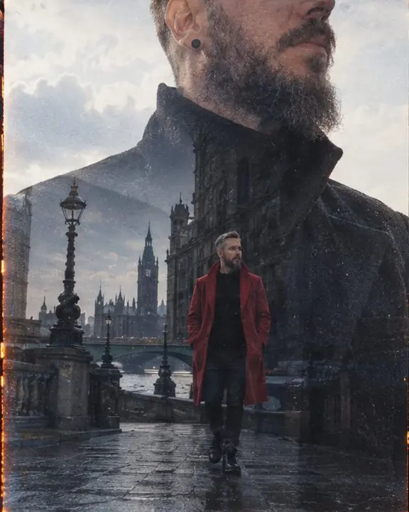 A small full figure of a man standing inside the dark coat of a larger figure of the same man