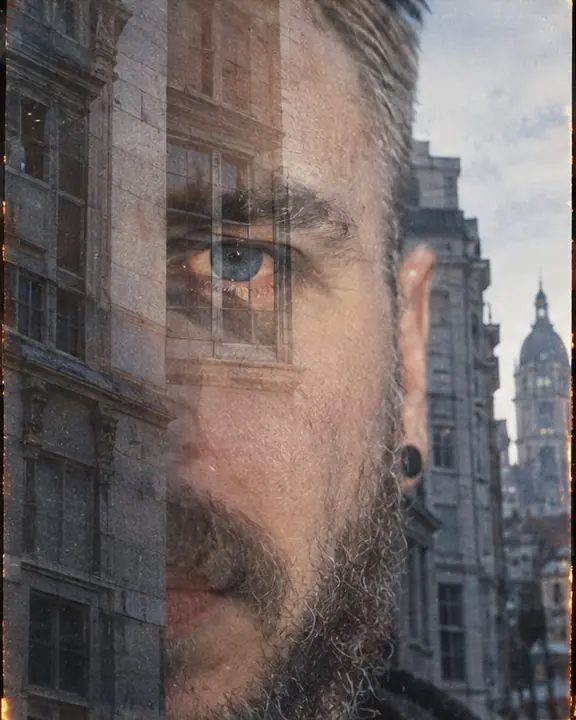 The eye of a man's large translucent face aligned with a window of a building in blue-gray film layers
