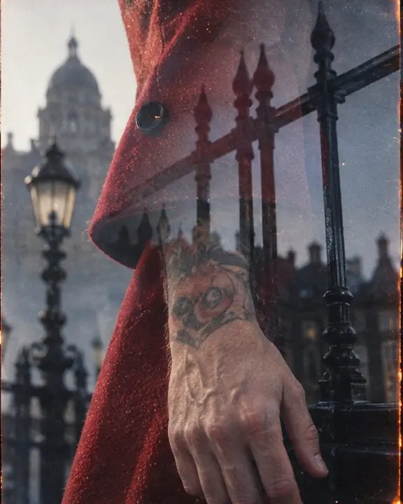 A hand, a red coat sleeve and iron railings overlapping in translucent layers of a film multiple exposure