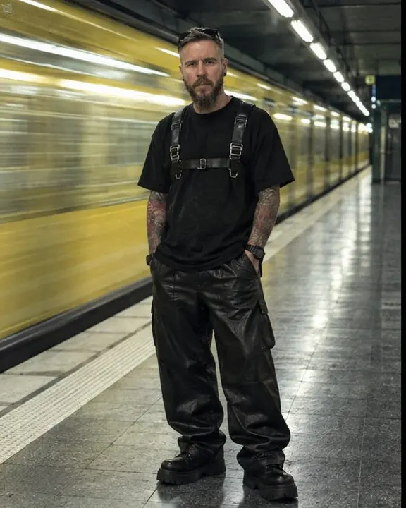 A man in all black stands at the edge of a Berlin U-Bahn platform as the train smears into a blurred wall behind