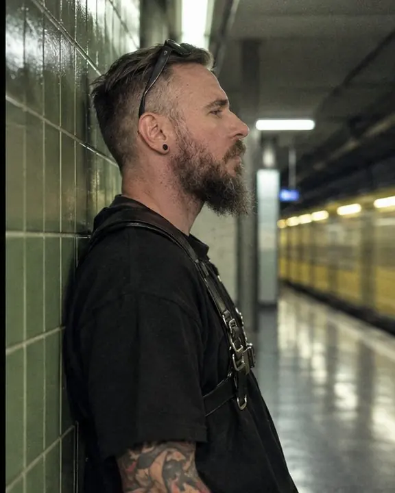 Profile of a bearded man in black against green station tiles with a fluorescent tube glowing overhead