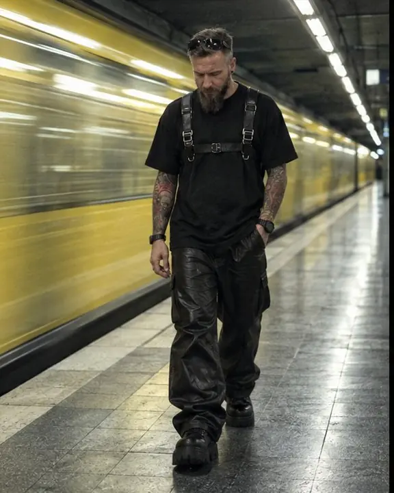 A man in a leather harness and wide leather trousers walks along the platform, a train smear leading the eye