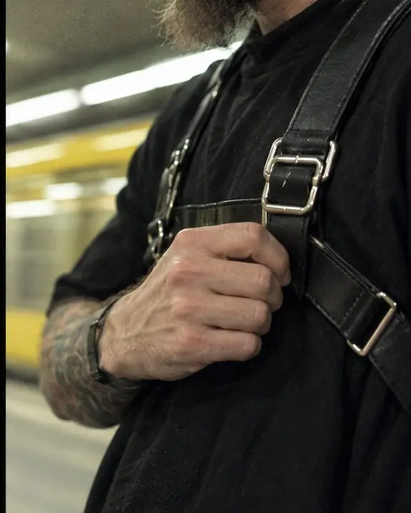 A black leather harness buckle over an oversized black tee under cold fluorescent station light