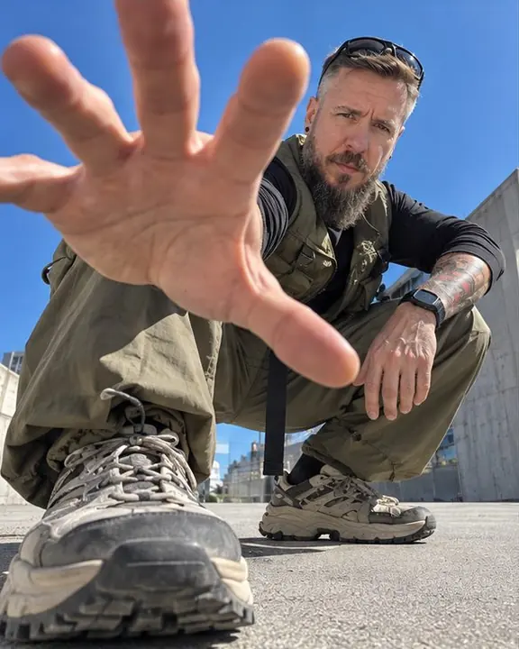 A bearded man crouches and reaches one open hand toward the lens, the hand huge, his face clear behind it