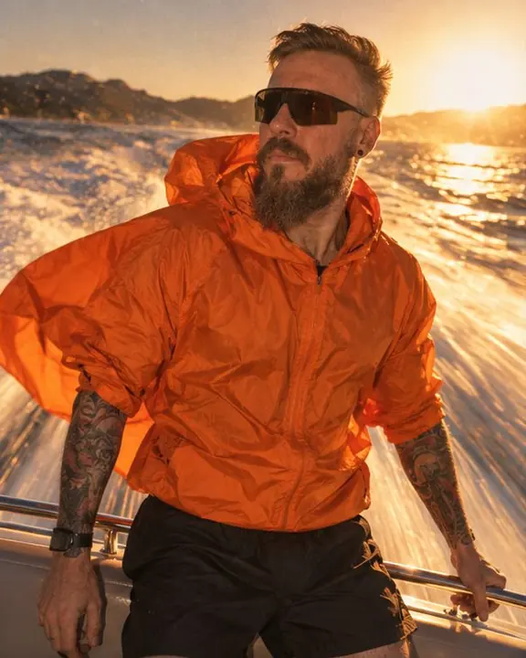 A bearded man at the stern of a speeding boat, the wake streaking gold behind and his windbreaker billowing
