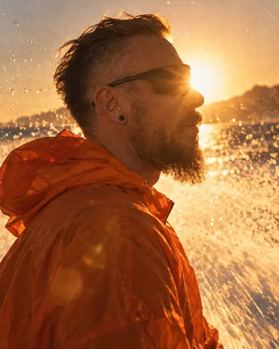 Profile of a bearded man against a low sun on a boat, water droplets frozen in the air by flash