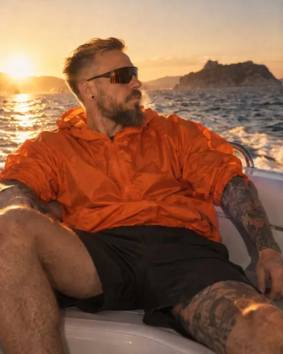 A man in a tangerine windbreaker sitting on the bow of a boat, an island on the horizon behind