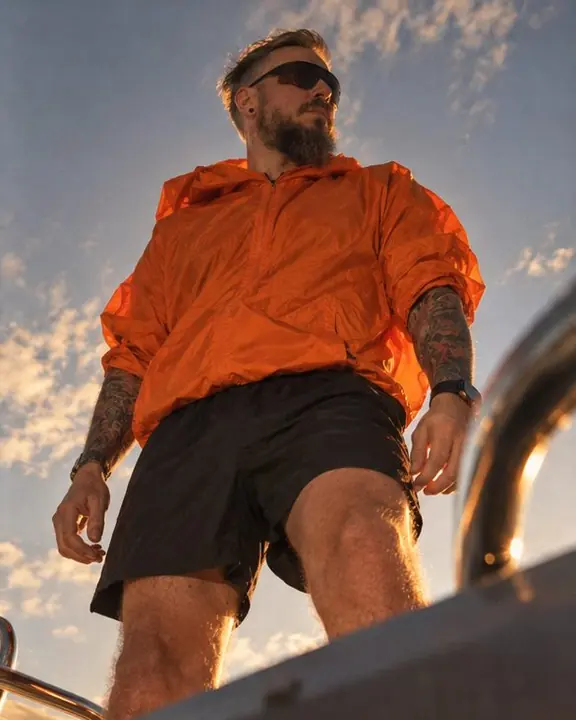 Low view from a boat deck of a man in shield sunglasses and a tangerine jacket against a warm sky