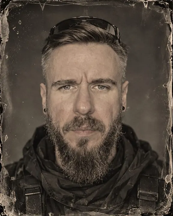 Tintype head-and-shoulders of a bearded man with a heavy direct gaze, poured chemical edges around the plate