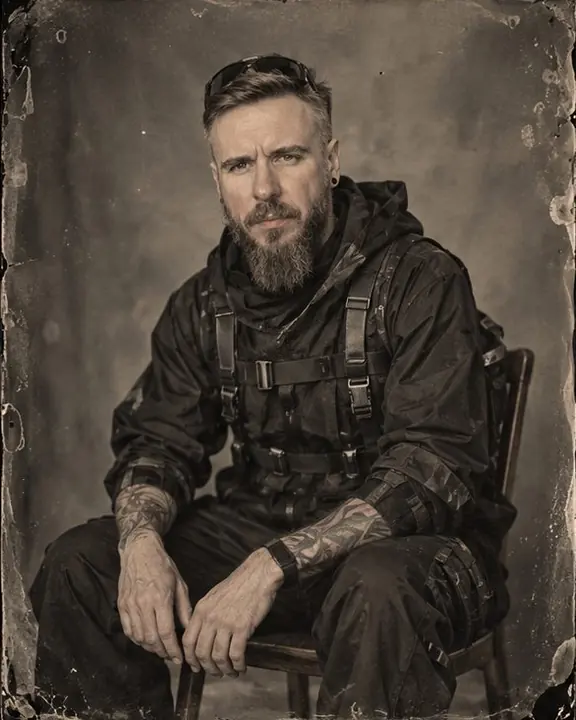 A man in black techwear sits on a studio chair, hands on his knees, straps catching the skylight, in tintype tones