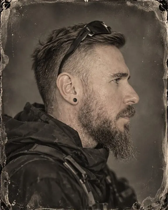 Profile tintype of a bearded man with wraparound sport sunglasses pushed up on his forehead