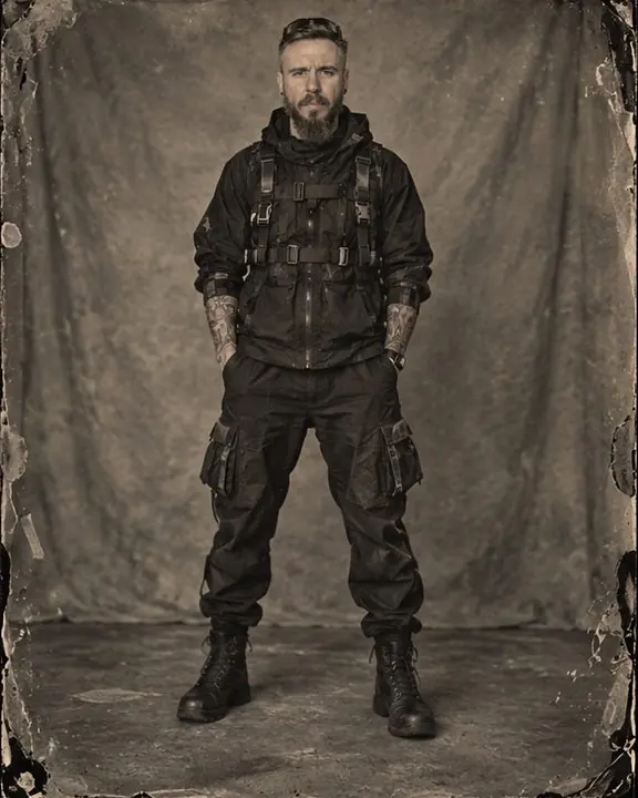 Full-length tintype of a man in a shell jacket and tactical vest standing before a painted canvas backdrop