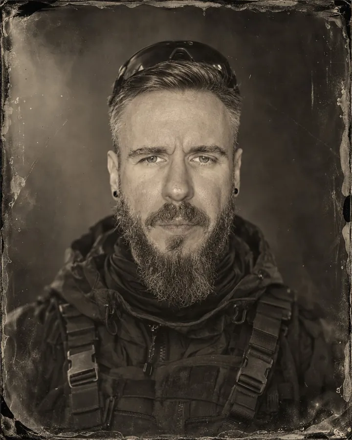 Tintype head-and-shoulders of a bearded man with a heavy direct gaze, poured chemical edges around the plate