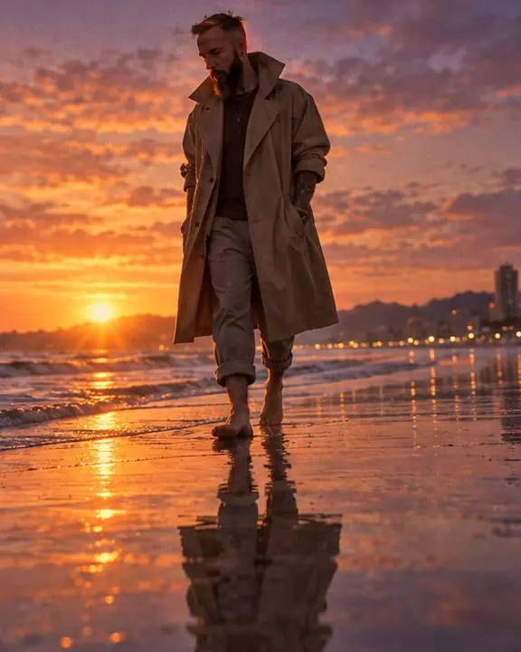 A man in a sand-colored trench walking along the waterline at dusk, his reflection following in wet sand