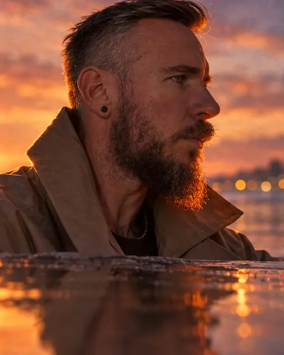 Close-up of a bearded man with a raised trench collar, orange light on his face edge, reflection below