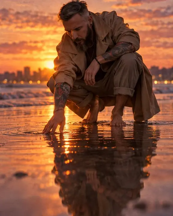 A man crouching on wet sand at sunset, touching the water as his reflected double meets his hand