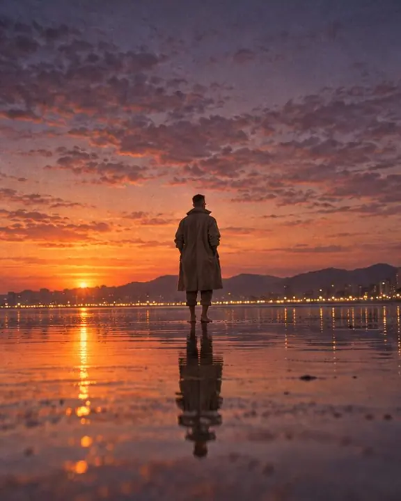 Wide shot of a man as a small figure with his reflection on mirror-like sand, city lights across the bay
