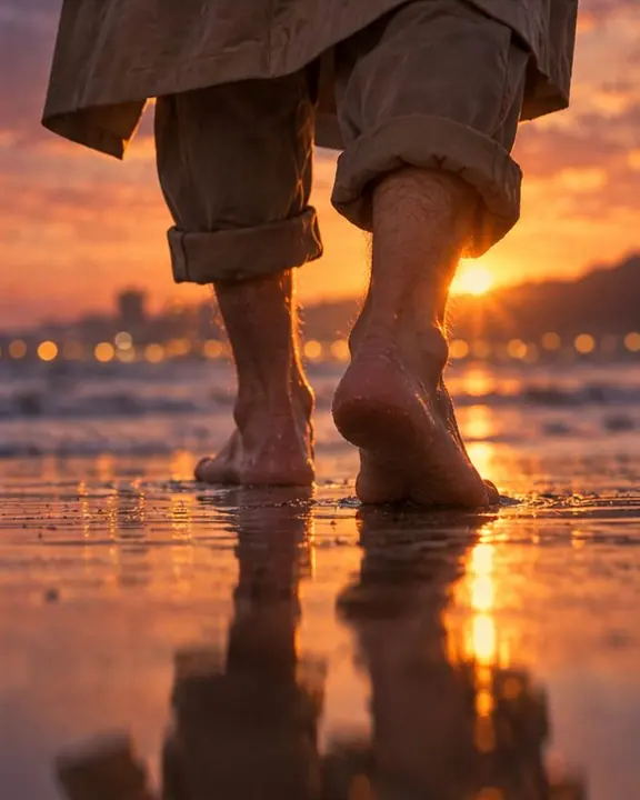 Detail of bare feet and a rubberized trench hem on wet sand reflecting the peach and violet sunset sky